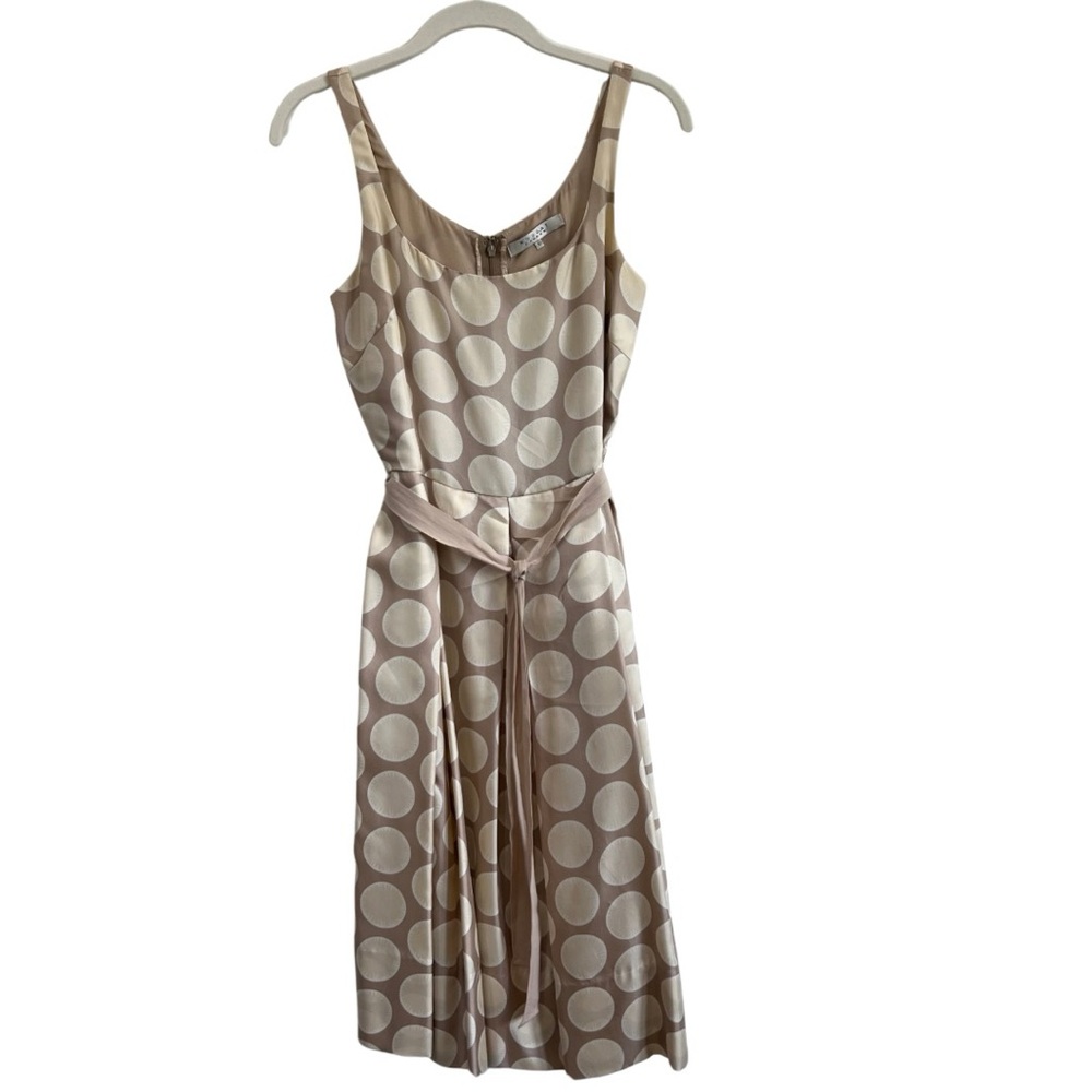 100% Silk Polka Dot Sleeveless Tie-Waist Dress - Beige & Cream